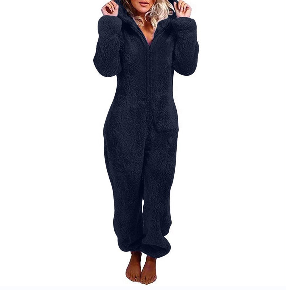 Fleece-lined Thickened Furry Jumpsuit Hooded Pajamas