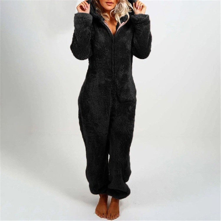 Fleece-lined Thickened Furry Jumpsuit Hooded Pajamas