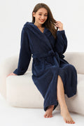 RONGTAI Womens Hooded Robe Long Plush Fleece Bathrobe With Pockets Nightwear S-XXL