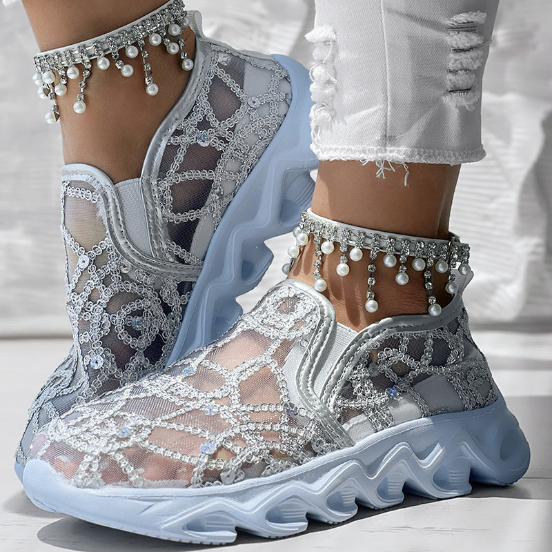 Contrast Glitter Transparent Mesh Patch Breathable Sneakers - Without Ankle Strap
