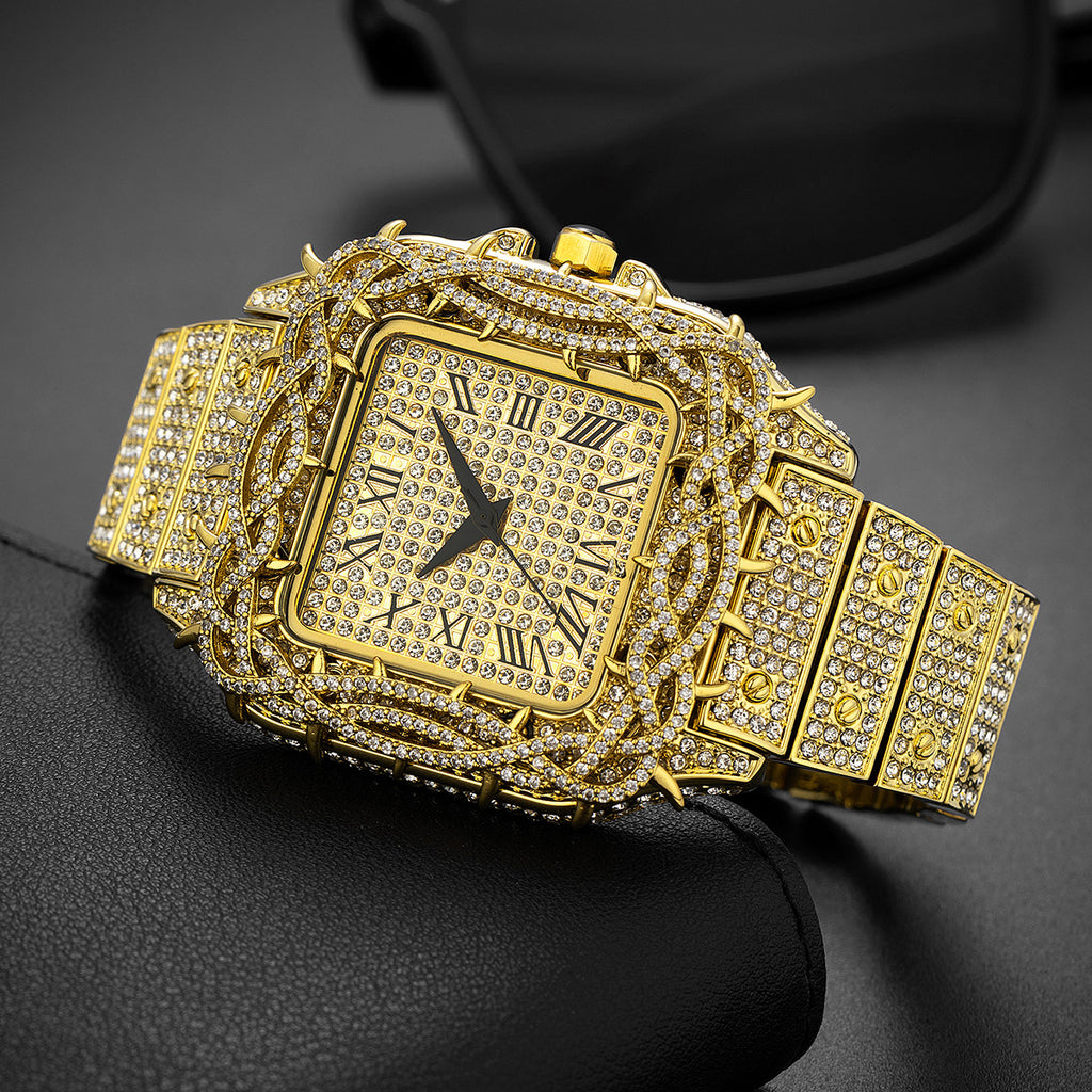 European Hip Hop Ice Watch Thorn Dial Inlaid Zircon Square Full Diamond Men's Quartz Watch