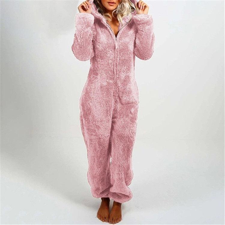 Fleece-lined Thickened Furry Jumpsuit Hooded Pajamas